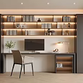 Modern Home Office Interior With Built in Bookshelves Warm Lighting And Computer Desk Chair