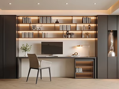 Modern Home Office Interior With Built in Bookshelves Warm Lighting And Computer Desk Chair 3d model