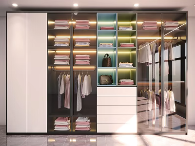 Modern Luxury Closet Interior With Glass Doors Folded Clothes Hanging Garments And Drawers 3d model