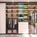 Modern Luxury Closet Interior With Glass Doors Folded Clothes Hanging Garments And Drawers