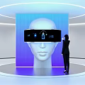 Modern Art Installation With White Head Sculpture VR Headset Blue Digital Interface And Interaction