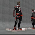Futuristic Man in Red Black Outfit Standing on Hoverboard Against Gray Wall Background