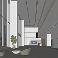 Modern Sleek Lobby Reception Desk With Large Windows Natural Light Beige Sofas And Potted Plant