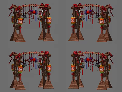 Traditional Jewelry Display With Decorative Hanging Rack Red Ornaments And Colorful Small Items 3d model