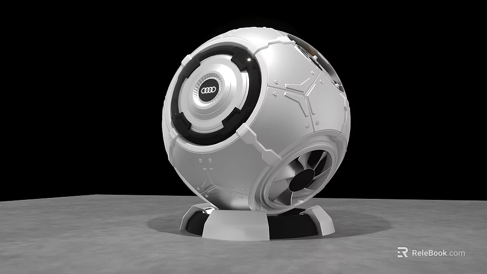 Modern Tech Inspired Spherical Silver White Sculpture With Black Circular Accents And Metallic Base 3d model 
