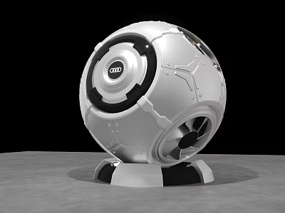 Modern Tech Inspired Spherical Silver White Sculpture With Black Circular Accents And Metallic Base 3d model