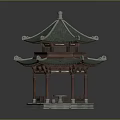 Traditional Chinese Pavilion With Green Curved Roof Red Pillars And Stone Base