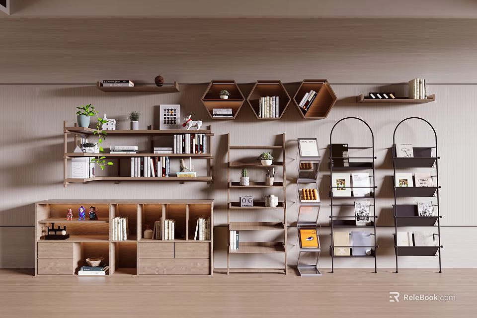 Various Modern Bookcase Designs With Hexagonal Open Shelves Metal Frames And Decorative Items 3d model