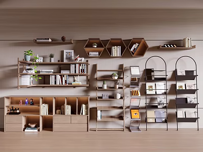 Various Modern Bookcase Designs With Hexagonal Open Shelves Metal Frames And Decorative Items 3d model
