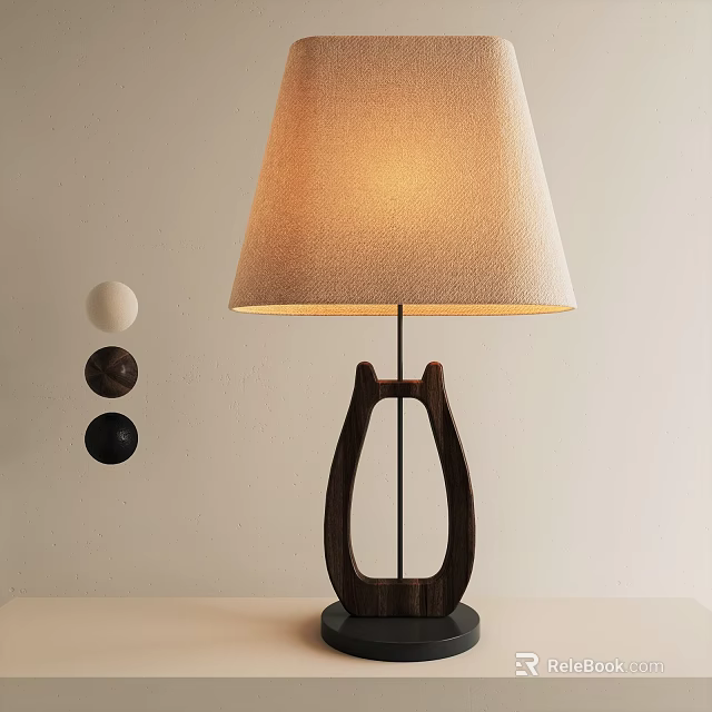 Wooden Base Table Lamp With Linen Shade And Three Spherical Decorations On Light Desk 3d model 