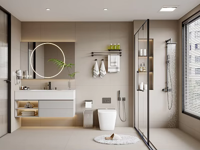 Modern Bathroom Interior With Round Mirror Beige Tiles Glass Shower Vanity And Green Plant 3d model