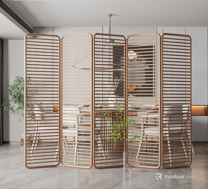 Modern Wooden Room Divider with Vertical Slats in Contemporary Interior Design 3d model 