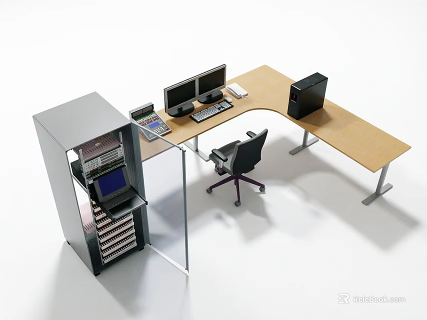 Projection Surveillance System With Dual Monitors And Equipment Cabinet In Office Workstation 3d model 