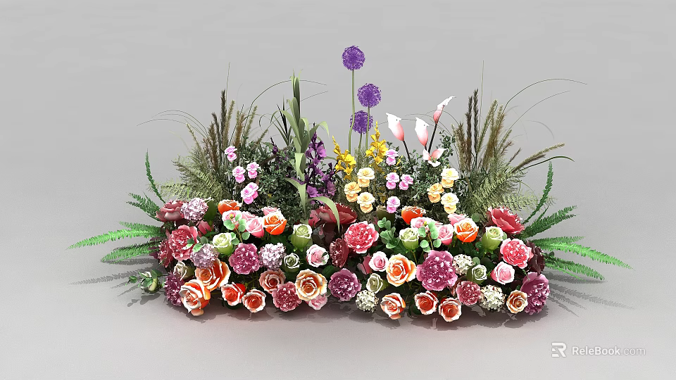 Elegant Colorful Floral Arrangement With Multicolored Roses Lilies And Fresh Green Leaves 3d model 