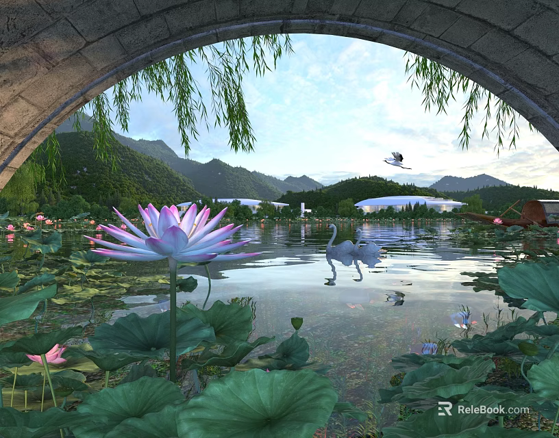 Scenic Park Landscape With Arched Stone Bridge Pink Lotus Flowers Swans Mountains And Weeping Willows 3d model 