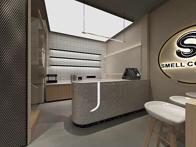 Modern Café Interior With Stone Counter White Stools Pendant Lighting And Wall Logo 3d model