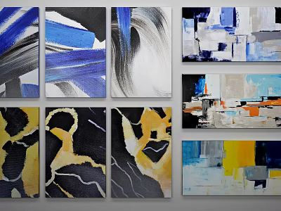 Modern Abstract Paintings With Blue Black Yellow Brushstrokes And Geometric Shapes 3d model