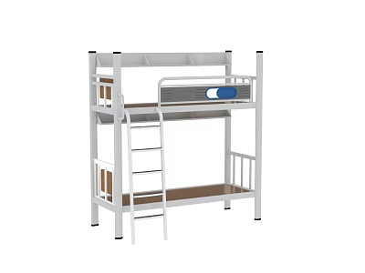White Metal Bunk Bed Design With Ladder Guardrails And Brown Mattress 3d model
