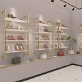 Luxury Shoe Store Interior With Golden Shelves Seating Area And Chandeliers