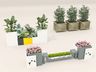 Creative Garden Decorative Planters With Green Plants Pink Flowers And Colorful Designs 3d model