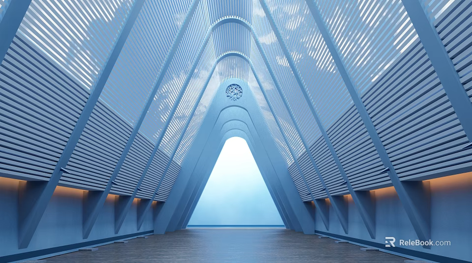 Modern Elevator Hallway With Arched Metal Panels Warm Lighting And Wooden Flooring 3d model 