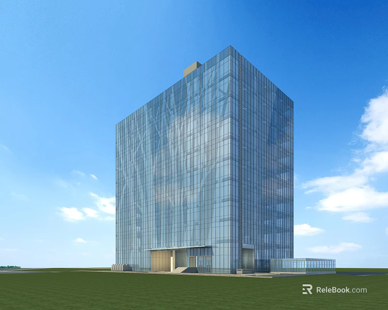 Modern Office Building With Glass Facade Under Blue Sky White Clouds And Green Lawn 3d model 