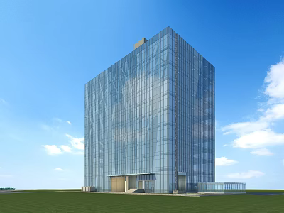 Modern Office Building With Glass Facade Under Blue Sky White Clouds And Green Lawn 3d model