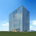 Modern Office Building With Glass Facade Under Blue Sky White Clouds And Green Lawn