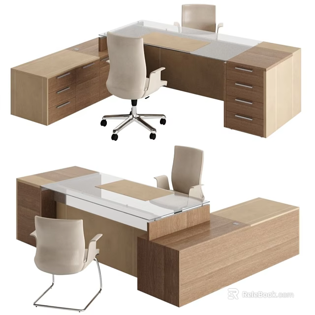 Modern Office Desk With Wooden Structure Glass Tabletop Drawers And Ergonomic Chair 3d model 
