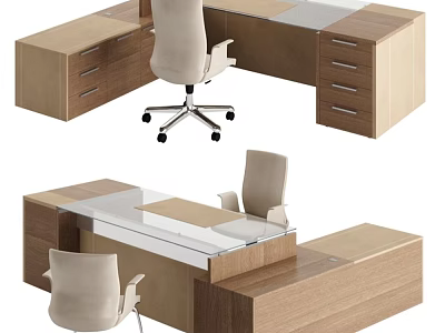 Modern Office Desk With Wooden Structure Glass Tabletop Drawers And Ergonomic Chair 3d model