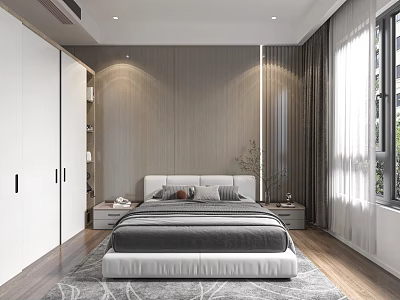 Modern Minimalist Bedroom Interior With Gray Bed White Wardrobe Wooden Floor And Rug 3d model