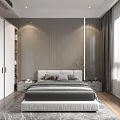 Modern Minimalist Bedroom Interior With Gray Bed White Wardrobe Wooden Floor And Rug