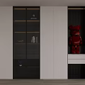 Modern Bookcase With Glass Doors And Black White Cabinets Featuring Red Figurine