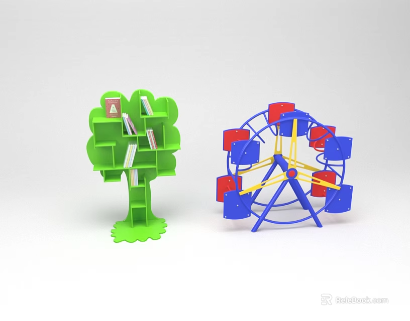 Colorful Playground Equipment With Green Tree Shaped Structure And Blue Red Ferris Wheel 3d model 
