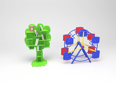 Colorful Playground Equipment With Green Tree Shaped Structure And Blue Red Ferris Wheel 3d model