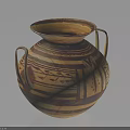 Handcrafted Ancient Pottery Vessel With Two Handles Geometric Patterns And Brown Yellow Tones