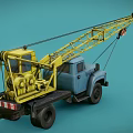 Yellow Crane Mounted On Blue Truck With Metal Hook And Lights