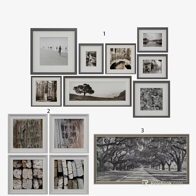 Black And White Framed Landscape Paintings With Natural Scenes And Trees 3d model 