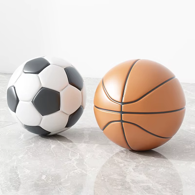 High Quality Sports Equipment Including Classic Soccer Ball And Basketball On Marble Floor 3d model