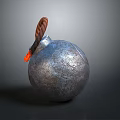 Metallic Hand Grenade With Wooden Handle And Lit Fuse Textured Surface