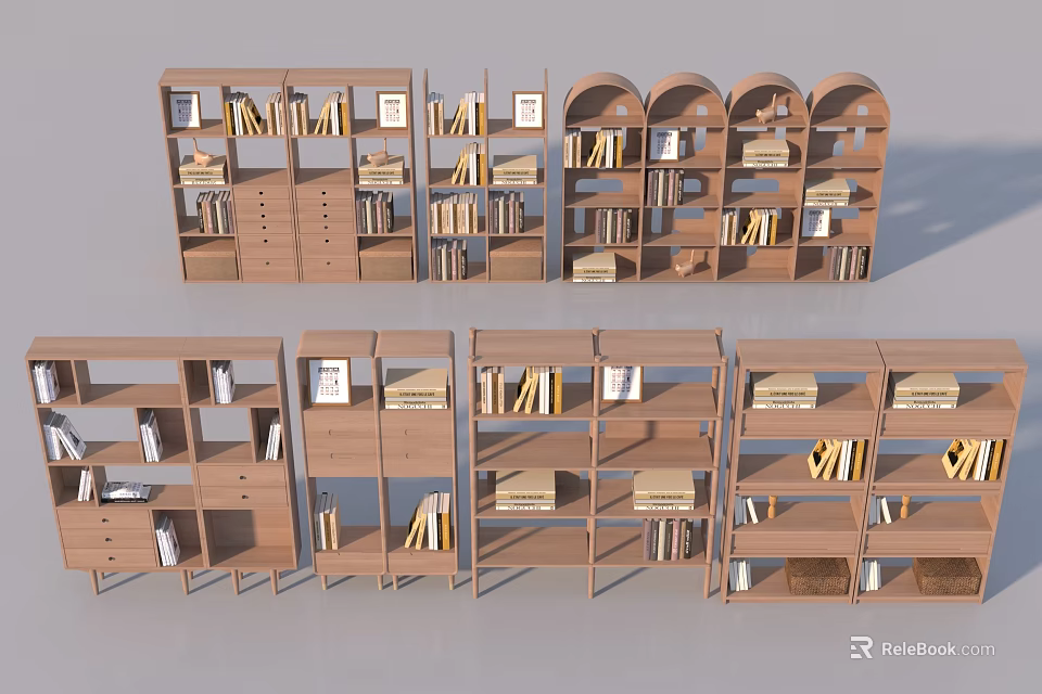 Stylish Wooden Bookshelves With Open Shelves Various Designs And Decor Items 3d model 