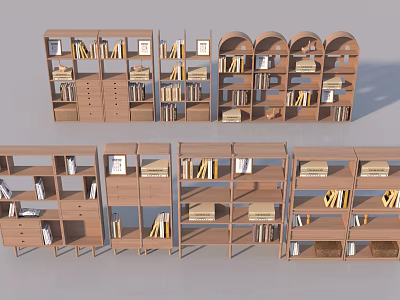 Stylish Wooden Bookshelves With Open Shelves Various Designs And Decor Items 3d model
