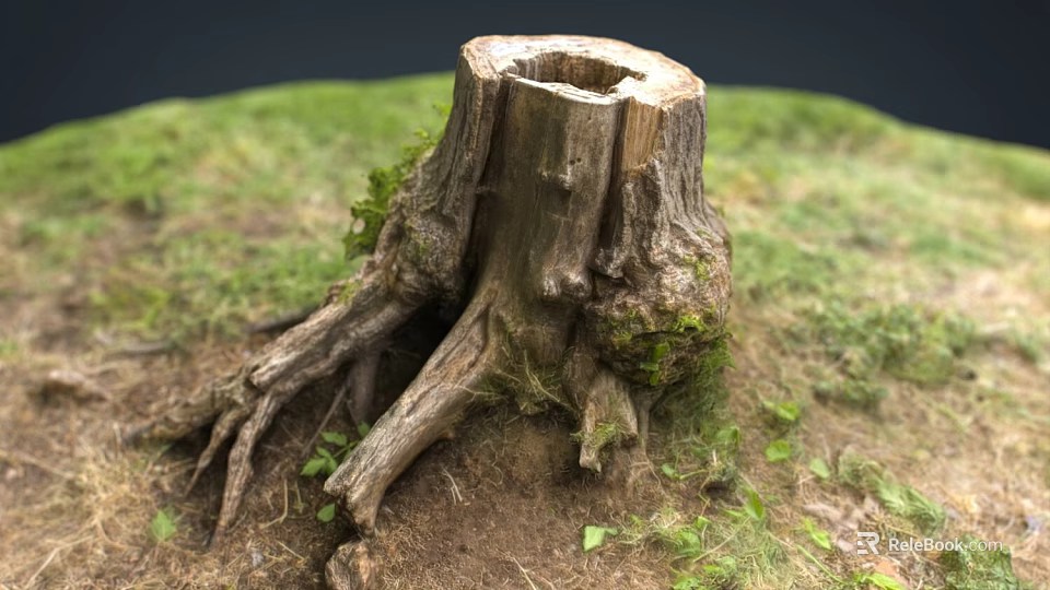 Old Tree Stump Covered With Green Moss Surrounded By Lush Grass And Exposed Roots 3d model 