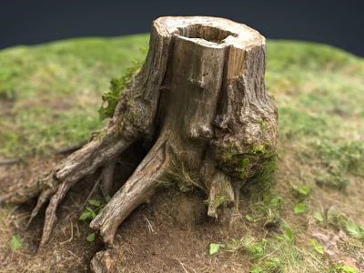 Old Tree Stump Covered With Green Moss Surrounded By Lush Grass And Exposed Roots 3d model