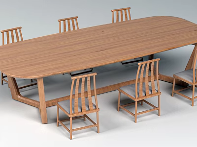 Minimalist Wooden Long Dining Table Set with Six Vertical Slat Back Chairs 3d model
