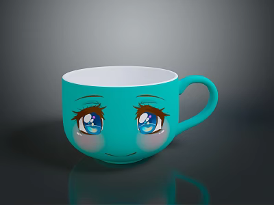 Turquoise Cup With Smiling Face Design Featuring Eyes And Eyebrows 3d model