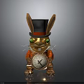 Mechanical Rabbit Figure With Black Top Hat Green Eyes Red Outfit Holding Clock