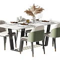 Modern Dining Table Set with Green White Upholstered Chairs Marble Tabletop Reed Decor and Dinnerware 3d model