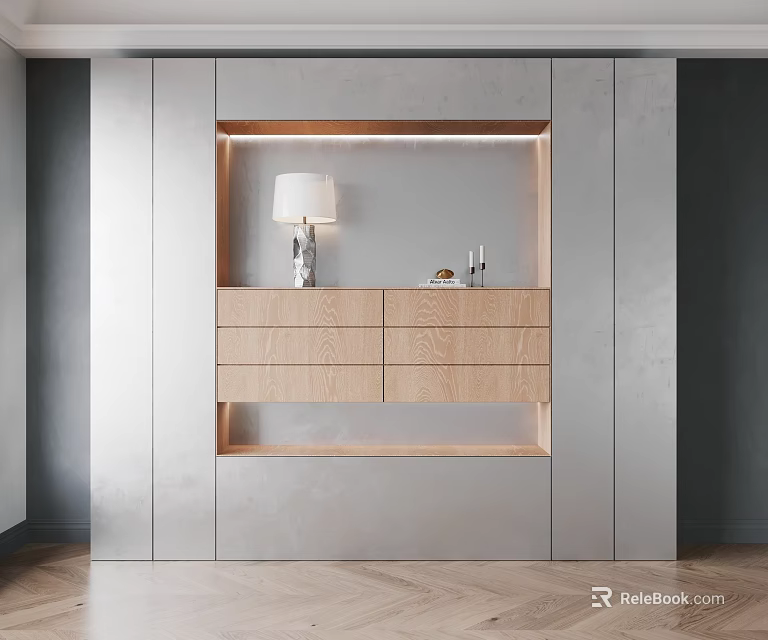 Modern Decorative Cabinet With Built-in Design Wooden Drawers Table Lamp And Decorative Items 3d model 