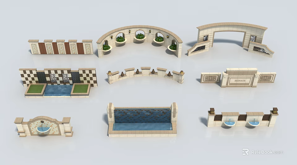 Various Garden Wall Designs With Arched Structures Decorative Plants And Water Features 3d model